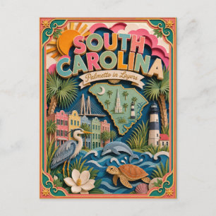 Cartão Postal PopCut Estados Carolina do Sul Arte Colorida em Pa
