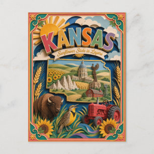 Cartão Postal PopCut Estados Kansas Arte Colorida em Papel 3D