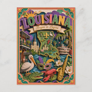Cartão Postal PopCut Estados Louisiana Arte Colorida em Papel 3D
