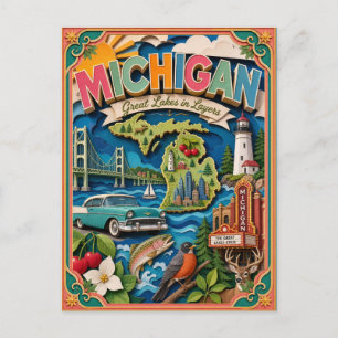 Cartão Postal PopCut Estados Michigan Arte Colorida em Papel 3D