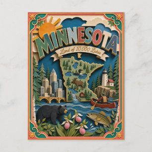 Cartão Postal PopCut Estados Minnesota Arte Colorida em Papel 3D