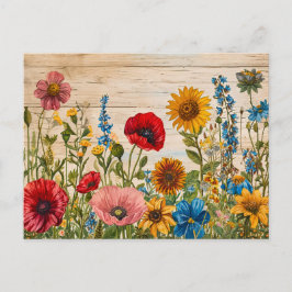 Cartão Postal Poppies and Wildflowers on Soft Rustic Wood