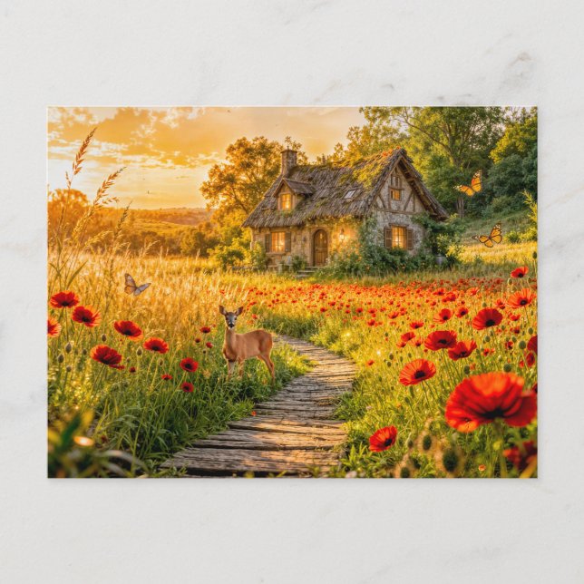 Cartão Postal Poppy Field Cottage with Wooden Path (Frente)