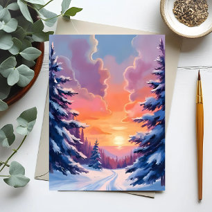 Cartão Postal Pôr do sol de neve de inverno   Pintura de paisage