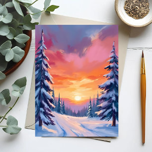 Cartão Postal Pôr do Sol de Neve de Inverno   Pintura em Aquarel