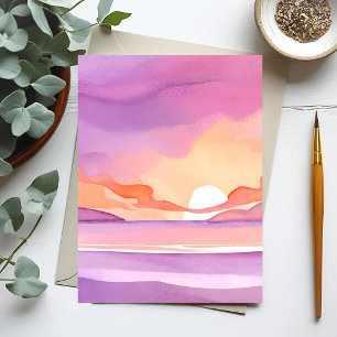 Cartão Postal Pôr do sol em aquarela rosa   Céu oceânico lindo