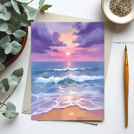 Cartão Postal Pôr do sol em praia roxa lavanda em aquarela