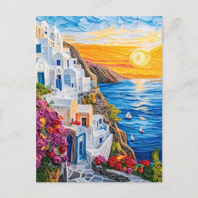 Cartão Postal Pôr do sol em Santorini Oia em Quilling (Frente)