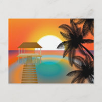 Pôr do Sol Laranja na Praia com Desenho de Palmeir