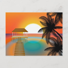 Cartão Postal Pôr do Sol Laranja na Praia com Desenho de Palmeir