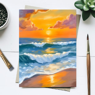 Cartão Postal Pôr do sol laranja no mar aquarela ondas oceânicas