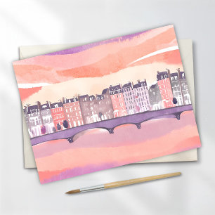 Cartão Postal Pôr do Sol na Cidade Europeia Aquarela