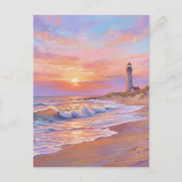 Cartão Postal Pôr do Sol na Costa com Farol - Estilo de Pintura 