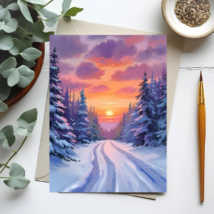 Cartão Postal Pôr do Sol na Neve Paisagem Montanhosa de Invern