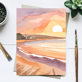 Cartão Postal Pôr do Sol na Praia | Bela Pintura em Aquarela
