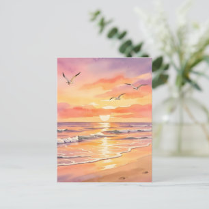 Cartão Postal Pôr do sol na praia com pássaros