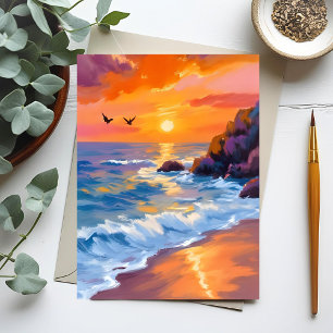 Cartão Postal Pôr do sol na Praia Laranja Pintura Costeira