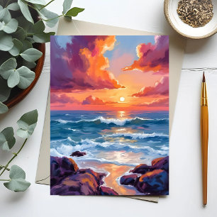 Cartão Postal Pôr do sol no oceano aquarela pastel praia