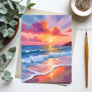 Cartão Postal Pôr do Sol no Oceano em Pastel Pintura Colorida
