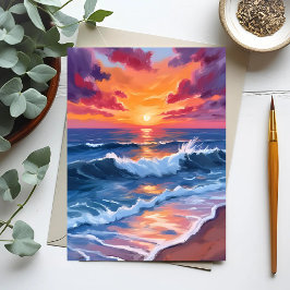 Cartão Postal Pôr do sol no oceano ondas da praia aquarela