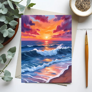 Cartão Postal Pôr do sol no oceano ondas da praia aquarela