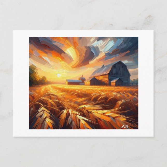 Cartão Postal Pôr Do Sol Nos Campos De Trigo, (Frente)