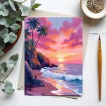 Pôr do Sol Rosa Tropical Oceano Aquarela