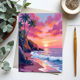 Cartão Postal Pôr do Sol Rosa Tropical Oceano Aquarela