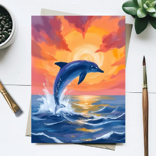 Cartão Postal Pôr do Sol Salto do Golfinho Aquarela Oceano Pinta