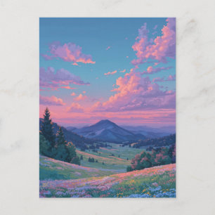 Cartão Postal Pôr do Sol Vibrante Rosa Sobre Prado de Montanha