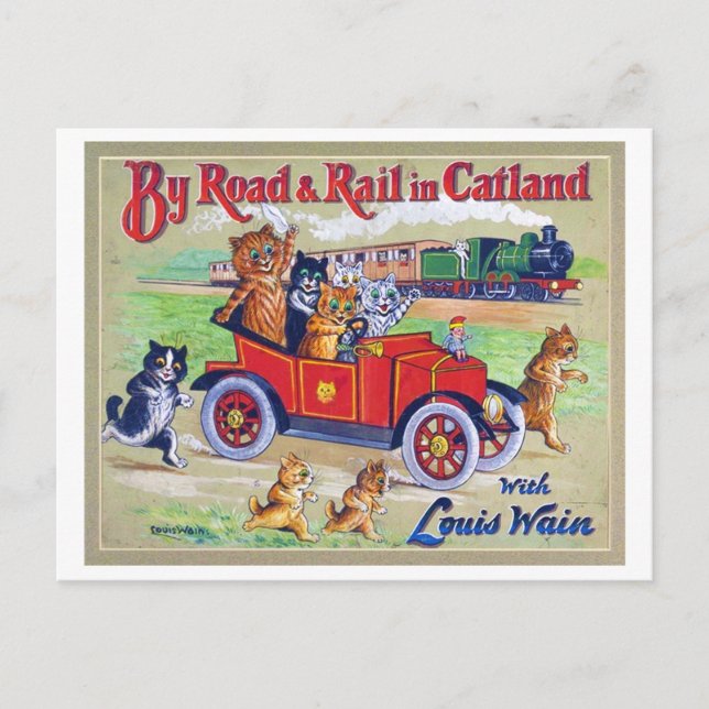 Cartão Postal Por Road & Rail em Catland, Louis Wain (Frente)