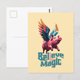 Cartão Postal Porco bonito com asas coloridas Acredita em Mági