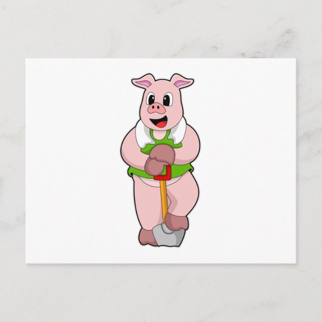Cartão Postal Porco como Fazendeiro com Pá (Frente)