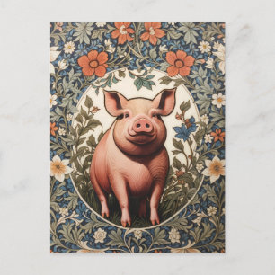 Cartão Postal Porco Fofo Inspirado em William Morris