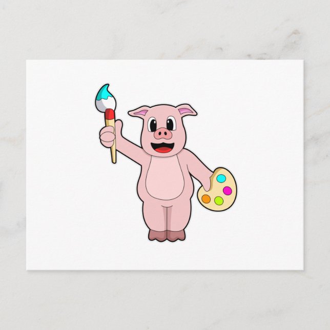 Cartão Postal Porco pintando com pincel e cor (Frente)