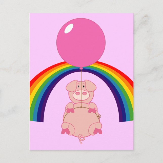Cartão Postal porco voador flutuante sobre o arco-íris (Frente)