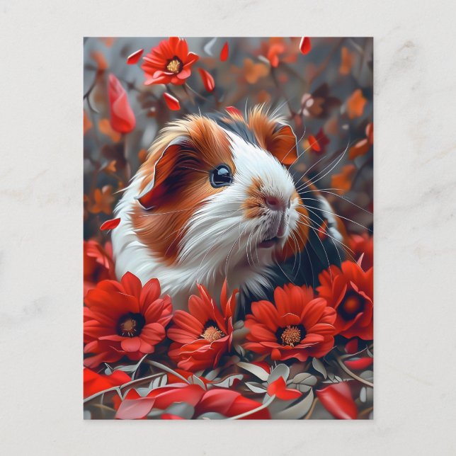 Cartão Postal Porquinho-da-índia Entre Flores Vermelhas (Frente)