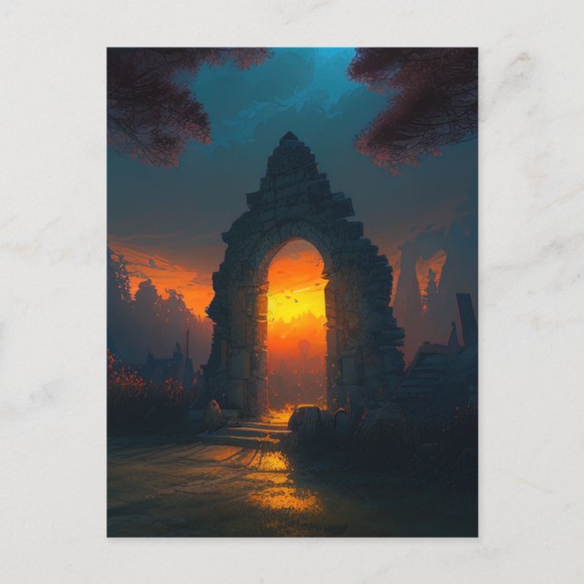 Cartão Postal Porta ao pôr do sol (Frente)