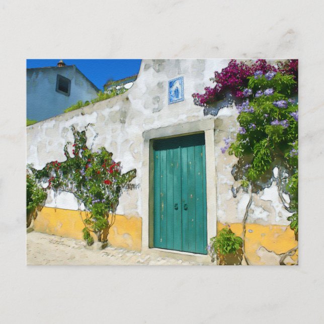 Cartão Postal Porta de madeira verde aquarela (Frente)