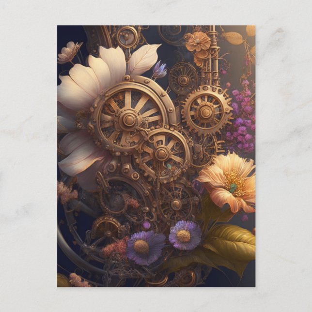 Cartão Postal Porta Steampunk com Flores Roxas (Frente)