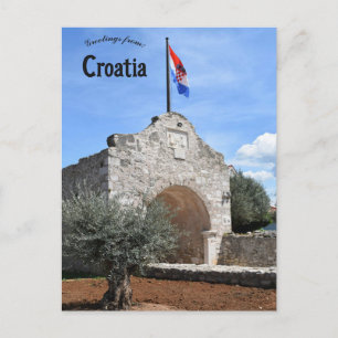 Cartão Postal Portão Antigo e Bandeira em Nin Croácia