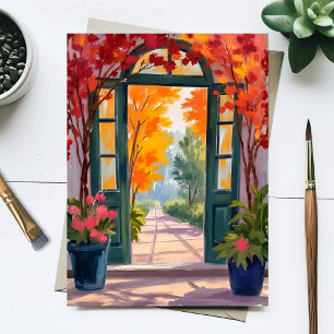 Cartão Postal Portão de Jardim Pintura Floral Botânica em Aqua
