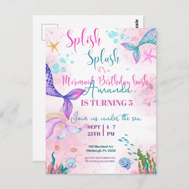 Cartão Postal Portão-sereia Aquarela Aniversário sob o Mar (Frente/Verso)