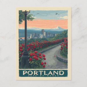 Cartão Postal Portland City of Rosa - Jardim Rosa e Skyline