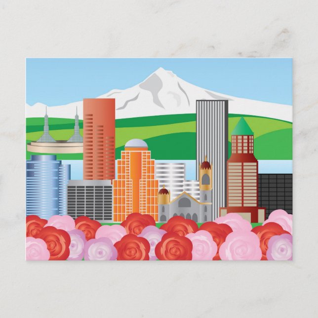Cartão Postal Portland Oregon Cityscape com Monte Hood e Rosa (Frente)