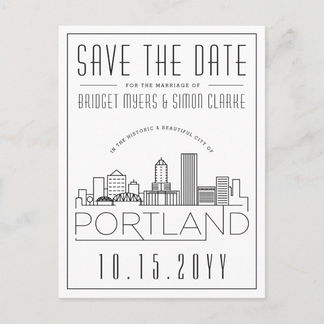 Cartão Postal Portland Wedding | Skyline Estilizado Salvar a Dat (Frente)