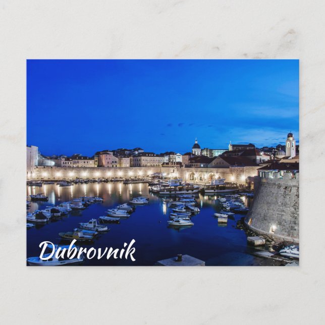 Cartão Postal Porto de Dubrovnik e paredes iluminadas à noite (Frente)