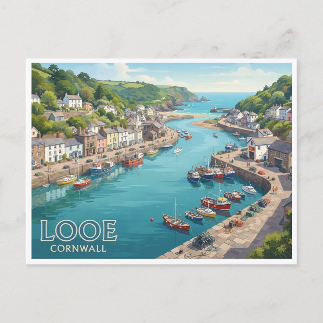 Cartão Postal Porto de Looe Inglaterra (Frente)