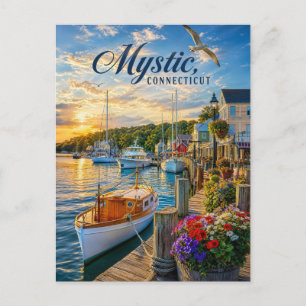 Cartão Postal Pôrto de Mystic, Connecticut ao Pôr do Sol