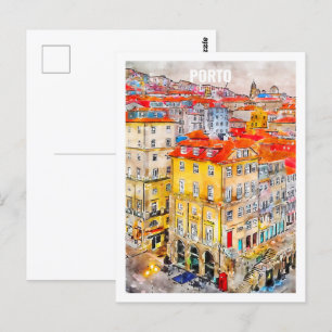 Cartão Postal Porto Portugal Local Famoso Desenho aquarela Viage